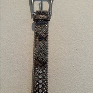 Women Brown Faux Snakeskin Belt with Crystal Studs